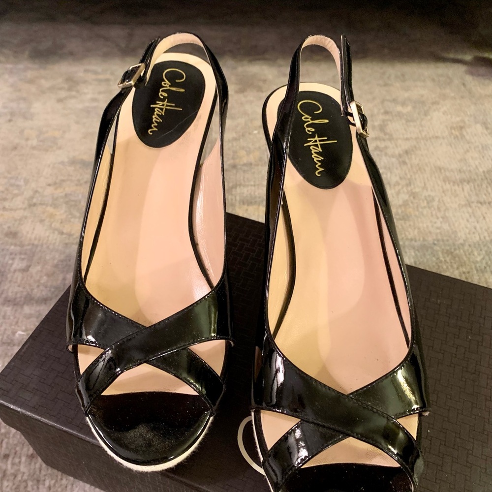 Cole Haan wedge!  Patten Leather straps.  Barely worn